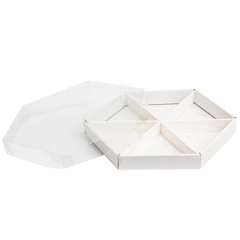 קופסת קרטון משושה מחולקת רוחב.25 ס"מ גובה 3 ס"מ-לבן של חברת דקל בע"מ