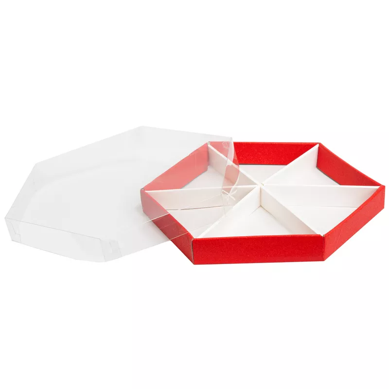 קופסת קרטון משושה מחולקת רוחב.25 ס"מ גובה 3 ס"מ-אדום נצנצים של חברת דקל בע"מ