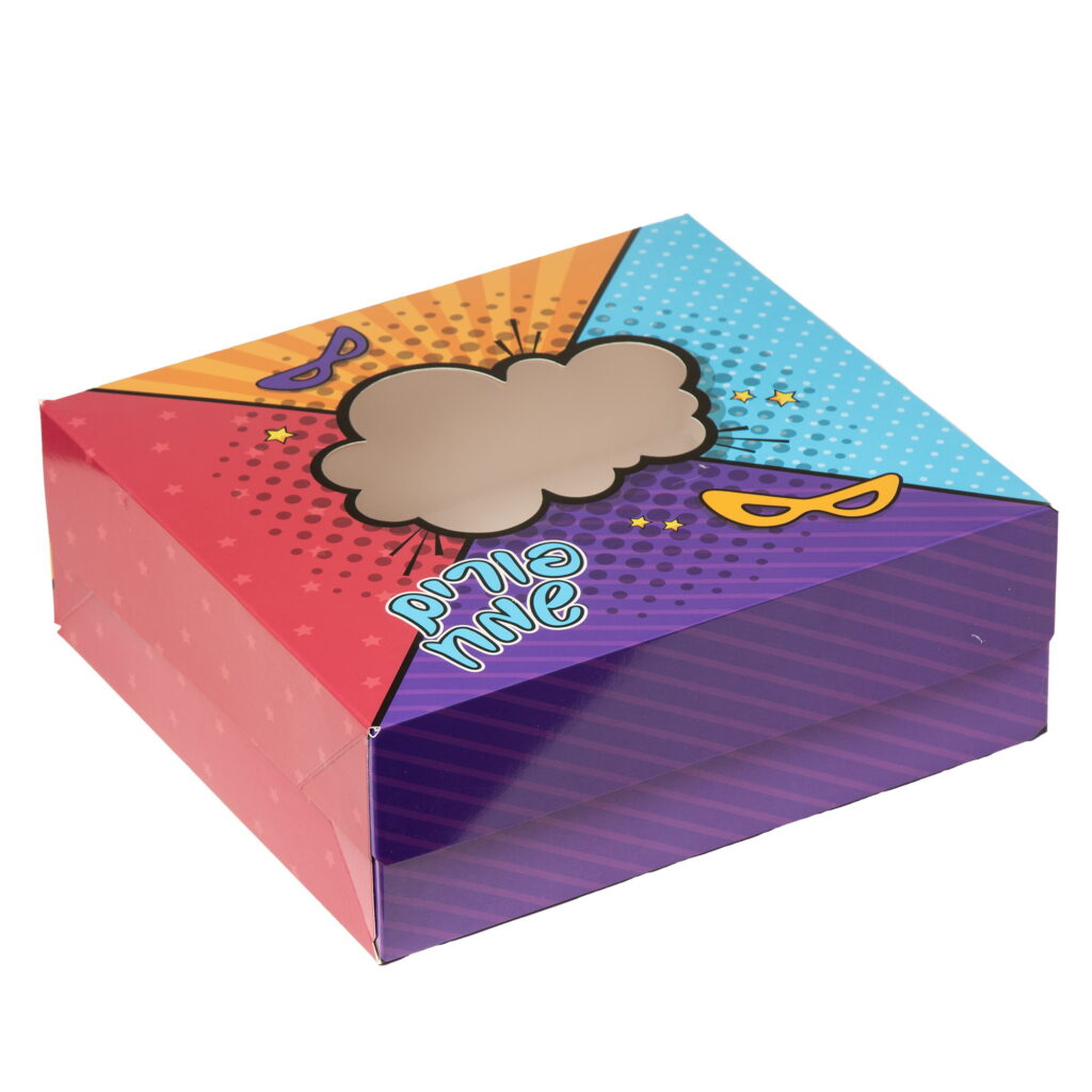 קופסאת קרטון +חלון 28/26/9.5 ס"מ-פורים שמח דגם קומיקס של דקל בע"מ