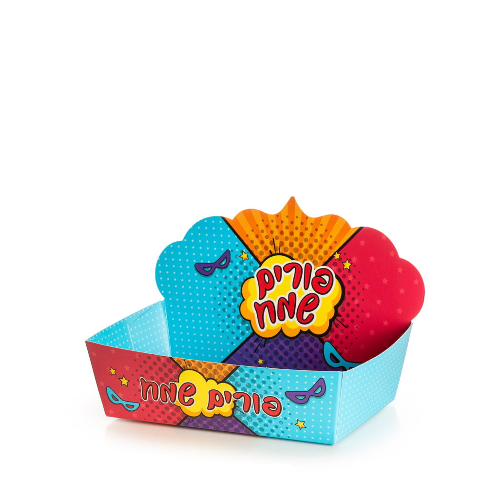 מגש קרטון מודבק+גב 23.5/15/7 ס"מ-פורים שמח-דגם קומיקס