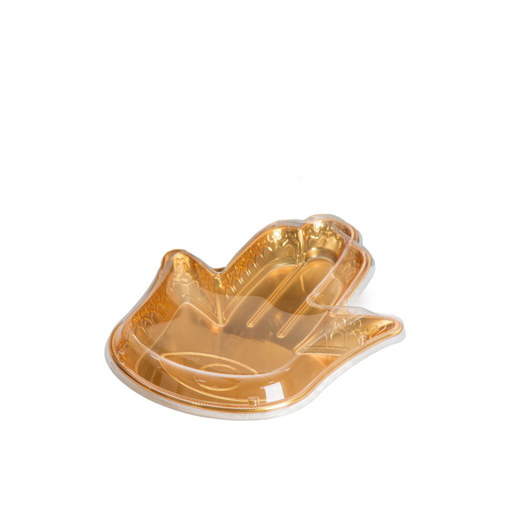 מגש פלסטיק זהב+מכסה -בצורת חמסה 27.5*22.5*3.5 ס"מ של דקל בע"מ